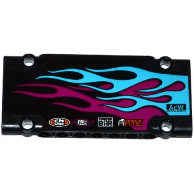 black technic panel plate 5 x 11 x 1 with medium azure and magenta flames and sponsor logos pattern model right sticker - set 42050