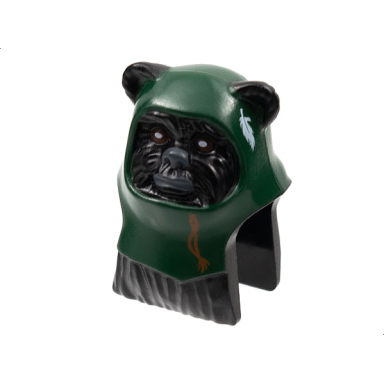 minifigure head modified sw ewok with dark green hood with white feather pattern