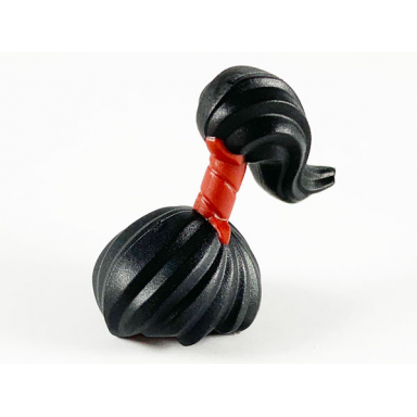 black minifigure hair pulled back into high ponytail with dark red wrap pattern