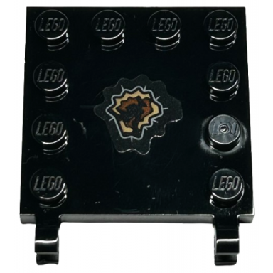 black tile modified 4 x 4 with studs on edges and 2 open o clips horizontal grip with dark tan and reddish brown tear pattern side a sticker - set 76421
