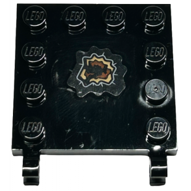 black tile modified 4 x 4 with studs on edges and 2 open o clips horizontal grip with dark tan and reddish brown tear pattern side b sticker - set 76421