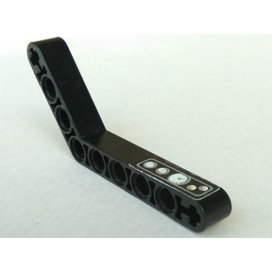 black technic liftarm modified bent thick 1 x 9 6 - 4 with light gray border buttons and gauges pattern sticker - set 8226