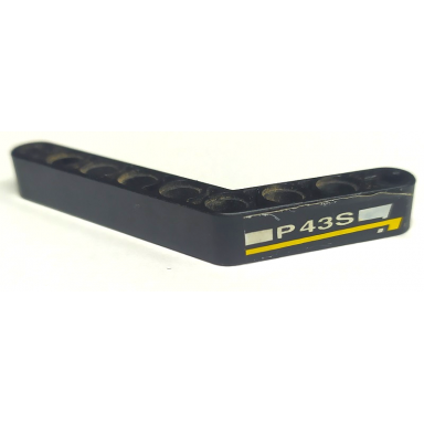 black technic liftarm modified bent thick 1 x 9 6 - 4 with white p43s and yellow stripe pattern model right side sticker - set 8443