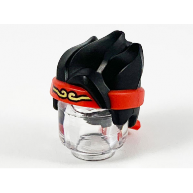 black minifigure hair spiked with forelock with molded red headband and printed gold filigree pattern