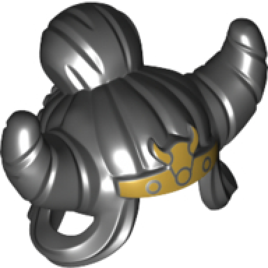 black minifigure hair female with top knot bun and horns with gold bull head hairband pattern