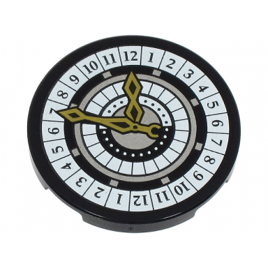 black tile round 3 x 3 with white and silver clock face with numbers and gold hands pattern