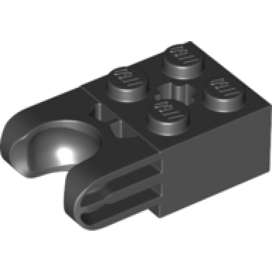 black technic brick modified 2 x 2 with ball socket and axle hole - straight forks with round ends and closed sides