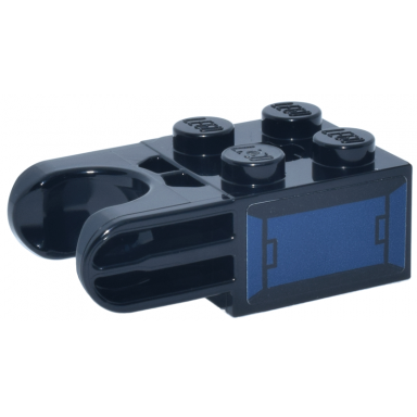 black technic brick modified 2 x 2 with ball socket and axle hole - straight forks with round ends and closed sides with dark blue mechanical panel pattern model left side sticker - set 76316