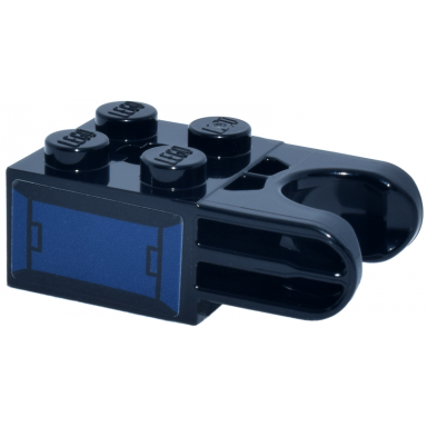 black technic brick modified 2 x 2 with ball socket and axle hole - straight forks with round ends and closed sides with dark blue mechanical panel pattern model right side sticker - set 76316