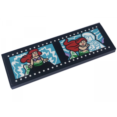 black tile 2 x 6 with filmstrip roll with ariel and prince eric minifigures pattern sticker - set 43227
