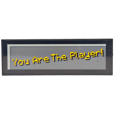 black tile 2 x 6 with pixelated bright light orange you are the player! on dark bluish gray background pattern sticker - set 21265