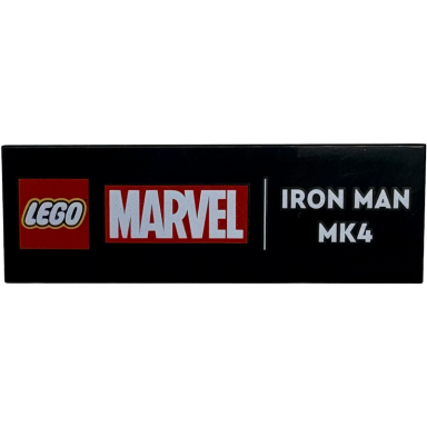 black tile 2 x 6 with red lego marvel logo and white iron man mk4 pattern