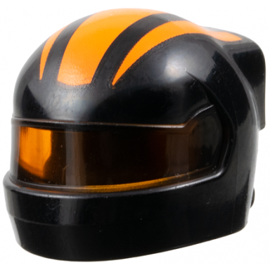 black minifigure headgear helmet formula 1 with molded trans-orange visor and printed orange stripes pattern