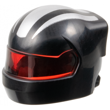 black minifigure headgear helmet formula 1 with molded trans-red visor and printed silver stripes pattern