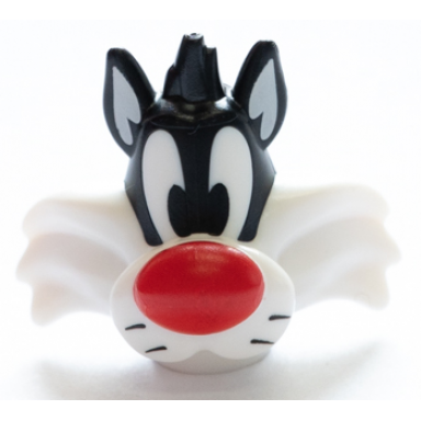 black minifigure head modified looney tunes sylvester with red nose white face and neck pattern