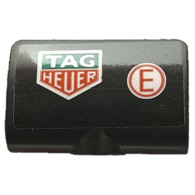 black technic panel curved 2 x 3 x 1 with tag heuer logo and red capital letter e in white circle pattern model left side sticker - set 42137