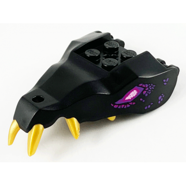 black dragon head ninjago jaw with 2 bar handles on back with molded gold teeth magenta and dark purple eyes and scales pattern