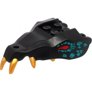 black dragon head ninjago jaw with 2 bar handles on back with molded gold teeth red eyes and dark turquoise scales pattern