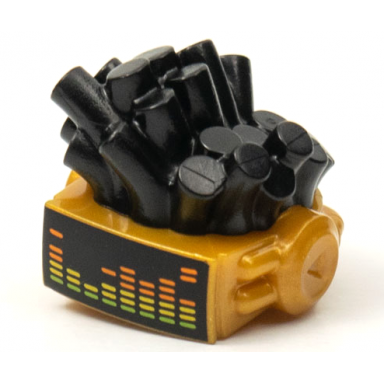 black minifigure hair tubes cables and pearl gold robot vr visor headset with music equalizer pattern