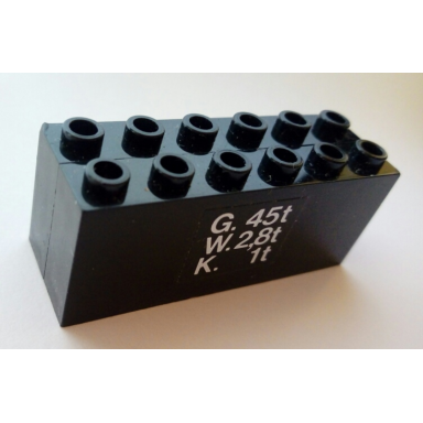 black brick modified 2 x 6 x 2 weight - bottom openings center seam on ends with white g 45t w 28t k 1t pattern sticker - set 7727