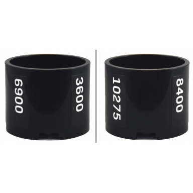 black brick round 3 x 3 x 2 with recessed center and axle hole with white 3600 6900 8400 and 10275 pattern stickers - set 10323