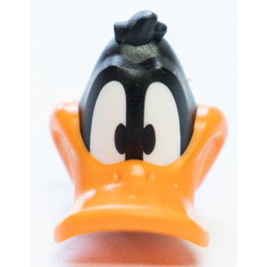 black minifigure head modified looney tunes daffy duck with orange beak and white neck pattern