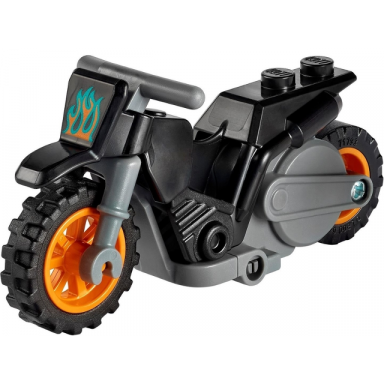 black stuntz flywheel motorcycle dirt bike with dark bluish gray frame orange wheels and dark bluish gray handlebars with dark turquoise and orange flames pattern