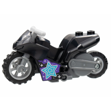 black stuntz flywheel motorcycle sport bike tapered front with dark bluish gray frame light bluish gray wheels and light bluish gray handlebars with medium azure dark pink and silver stars pattern