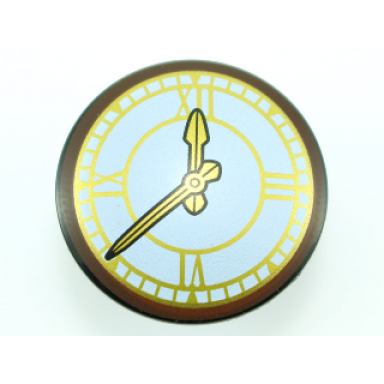 black minifigure shield circular round convex face with clock with gold hands and roman numerals pattern