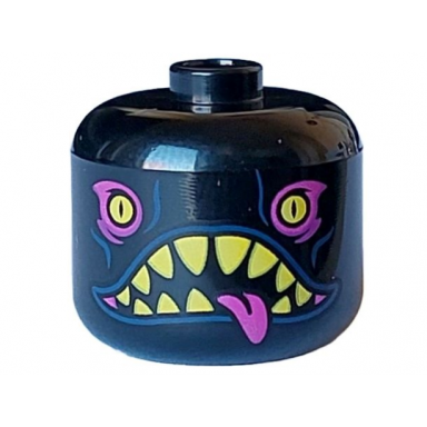 black minifigure head modified giant yellow eyes with slit pupils magenta eye shadow open mouth with sharp teeth and tongue pattern - vented stud