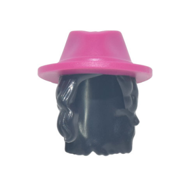 black mini doll hair combo hair with hat long wavy over right shoulder with molded magenta cowboy hat pattern