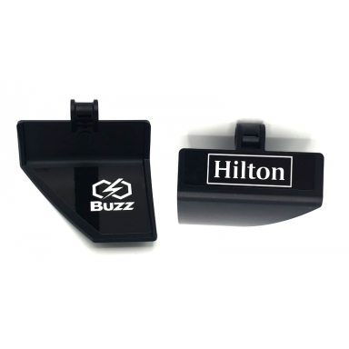 black technic panel curved 70 5 x 4 x 3 tapered right with white hilton on outside and buzz on inside pattern stickers - set 42141 first version
