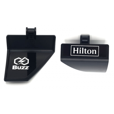 black technic panel curved 71 5 x 4 x 3 tapered left with white hilton on outside and buzz on inside pattern stickers - set 42141 first version