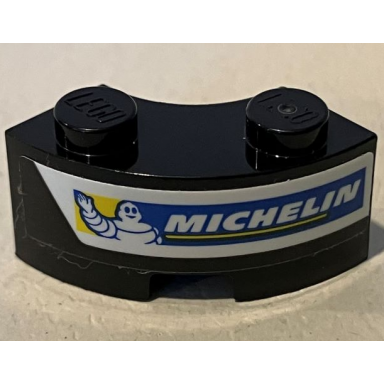 black brick round corner 2 x 2 macaroni with stud notch and reinforced underside with michelin logo on white stripe pattern model left side sticker - set 75881