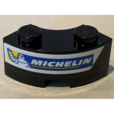 black brick round corner 2 x 2 macaroni with stud notch and reinforced underside with michelin logo on white stripe pattern model right side sticker - set 75881