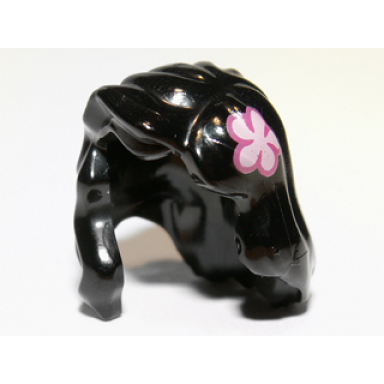 black minifigure hair female mid-length with part over right shoulder with bright pink flower pattern on left side