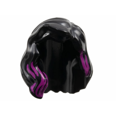 black minifigure hair female mid-length with part over right shoulder with magenta highlights pattern
