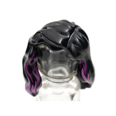 black minifigure hair female mid-length with part over right shoulder with magenta and dark pink highlights pattern