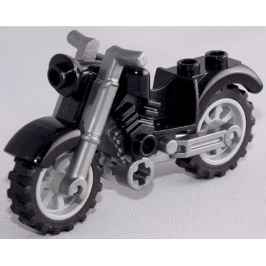 black motorcycle vintage with flat silver chassis and light bluish gray wheels