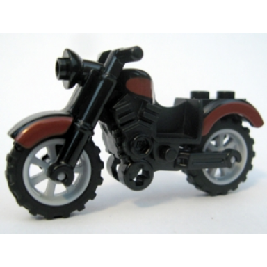 black motorcycle vintage with black chassis and light bluish gray wheels with dark red trim pattern