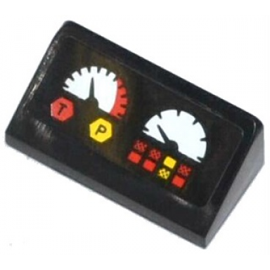 black slope 30 1 x 2 x 2 3 with 2 gauges buttons t in red hexagon and p in yellow hexagon pattern sticker - set 42024
