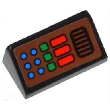 black slope 30 1 x 2 x 2 3 with 6 blue circles 3 green squares 3 red rectangles and grille on brown background pattern sticker - set 79120
