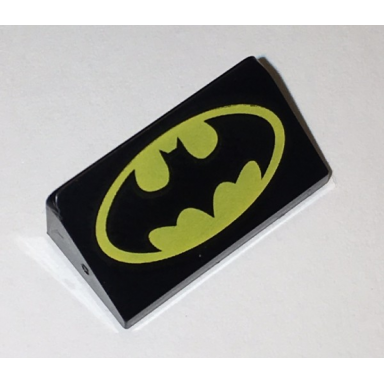 black slope 30 1 x 2 x 2 3 with yellow batman logo pattern head facing tall end of slope