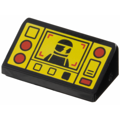 black slope 30 1 x 2 x 2 3 with red and yellow control panel buttons and square monitor with image of minifigure with helmet pattern