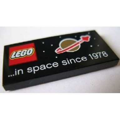 black tile 2 x 4 with lego logo classic space logo and ...in space since 1978 pattern