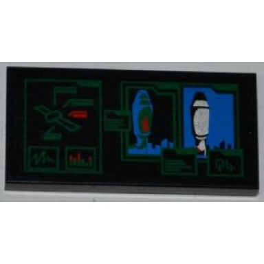 black tile 2 x 4 with satellite and space rocket on screens pattern sticker - set 3368