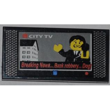 black tile 2 x 4 with breaking news bank robbery dog city tv screen pattern sticker - set 7288