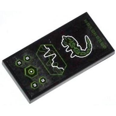 black tile 2 x 4 with insectoid alien characters and hexagons pattern sticker - set 70708
