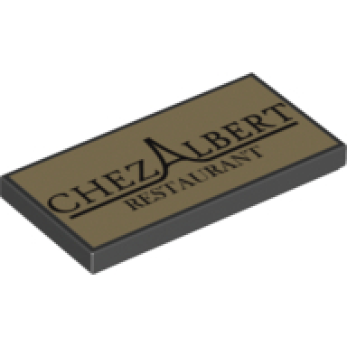 black tile 2 x 4 with chez albert restaurant on tan background with dark red border pattern
