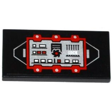 black tile 2 x 4 with red and silver control panel with black saw blade and white lock pattern sticker - set 70725